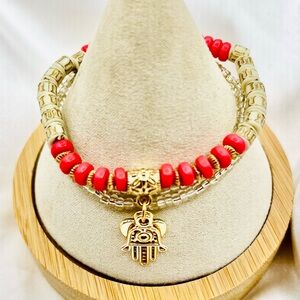 Gold and Red Beaded Bracelet with Hamsa Charm